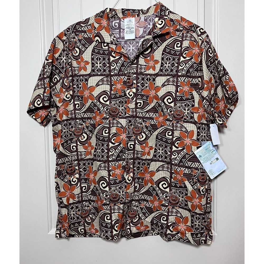 Disney Moana Kakamora Aloha Shirt Mens Large Brown Orange Tribal Floral NWT